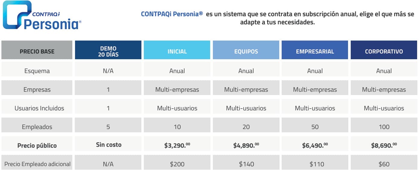 Precios CONTPAQi® Personia